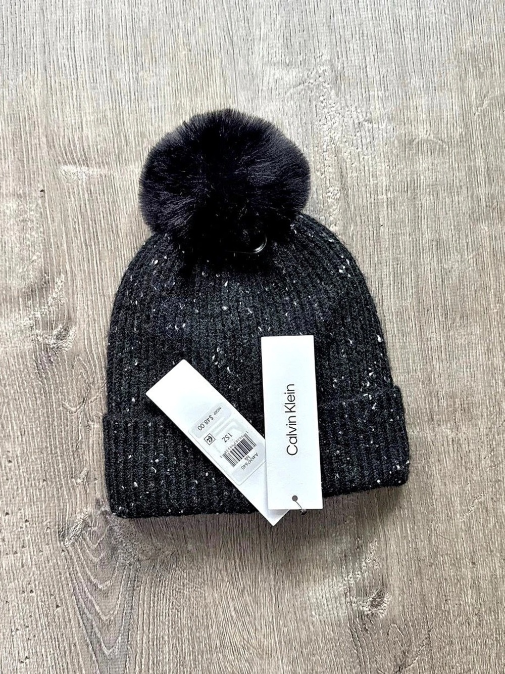 Calvin Klein Flecked Knit Pom-Pom Beanie Black - Picture 1 of 3